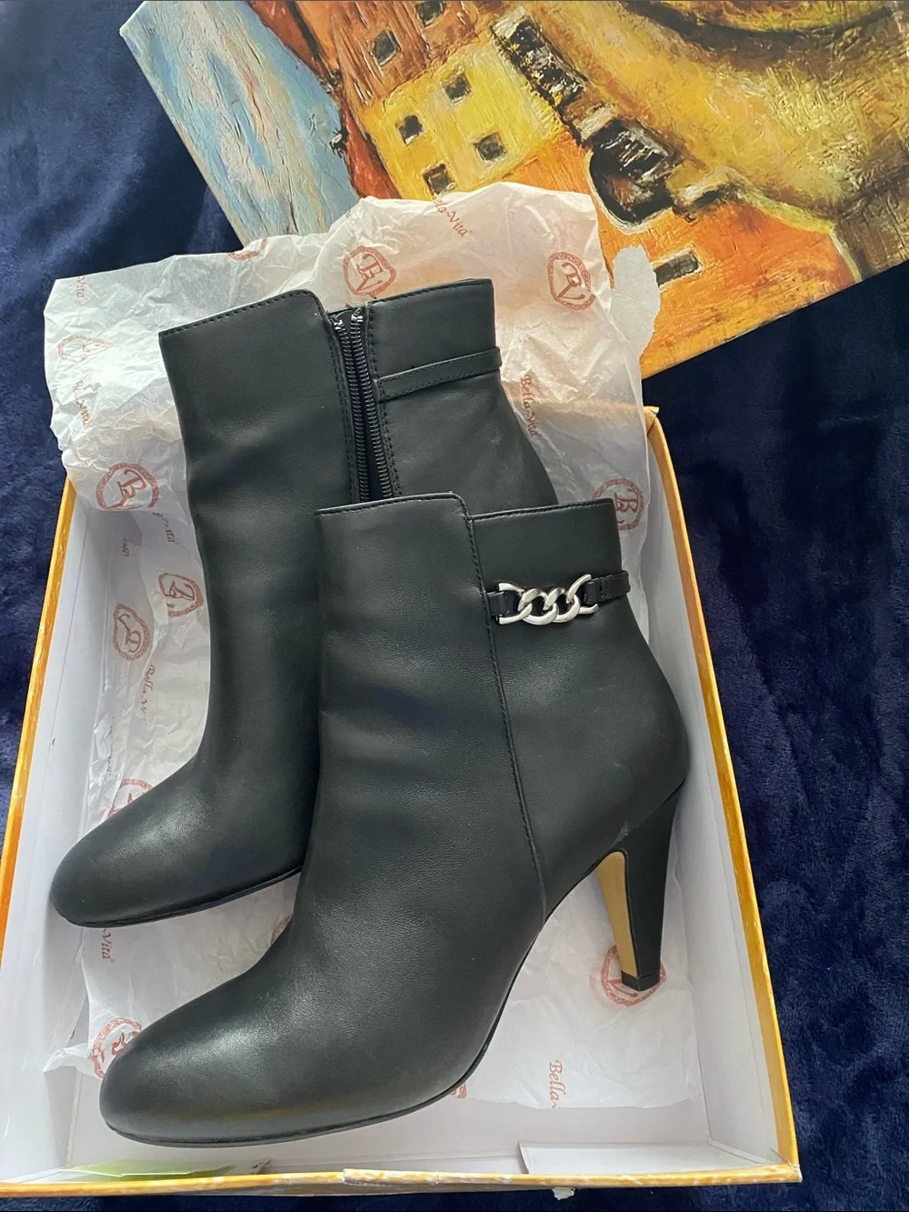 Bella Vita Black Ankle Boots with Chain Detail